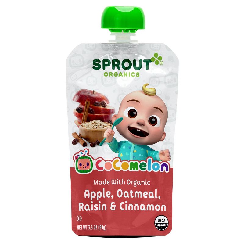 Sprout Foods Cocomelon Organic Stage 2 Apple Oatmeal and Raisin with Cinnamon Baby Snacks Pouch - 3.5oz, 1 of 6
