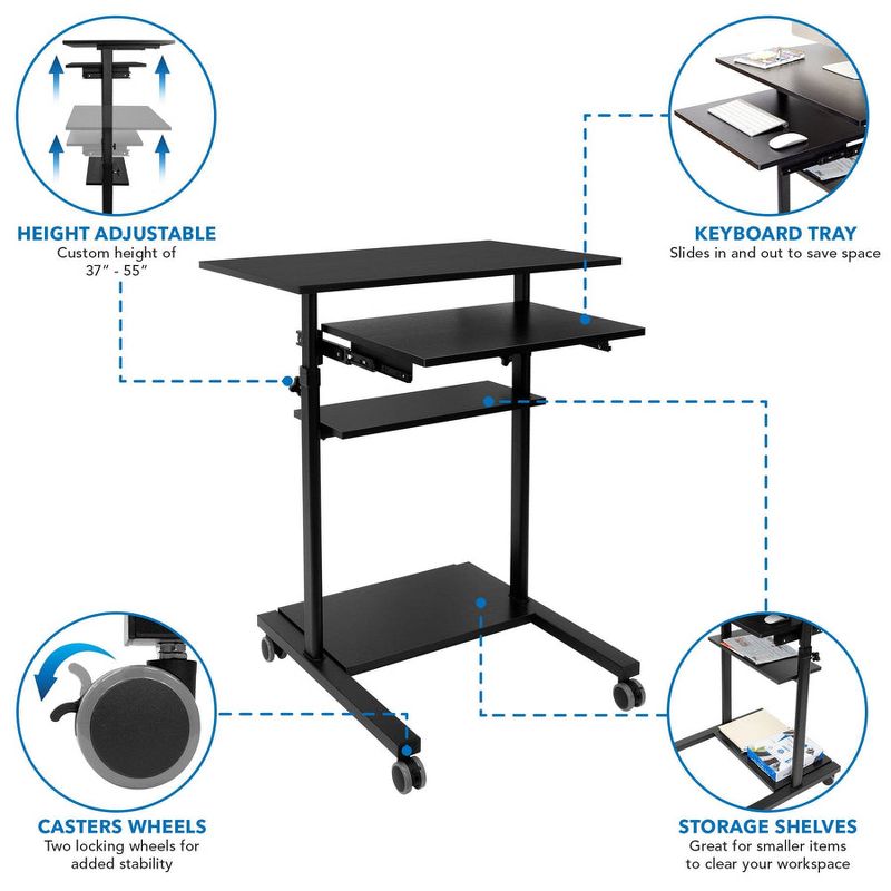 Mount-It! Mobile Standing Desk w/ Retractable Keyboard Platform | Height Adjustable Stand Up Computer Workstation | Locking Wheels | 99 Lbs. Capacity, 5 of 12