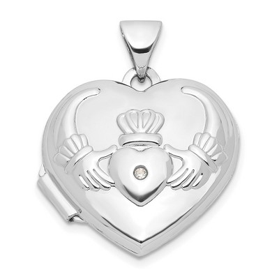 Black Bow Jewelry 15mm Heart Shaped Diamond Claddagh Locket in 14k White Gold