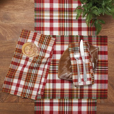Rustic Red and Orange Cotton Plaid Thanksgiving Table Runner