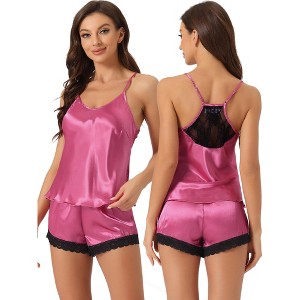cheibear Women's Satin Sliky Sleeveless Lace Trim Camisole Tops with Shorts Pajamas Sets - 1 of 4