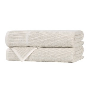 Viscose Cotton Blend Medium Weight Soft Textured Checkered Ribbed Border Towel Set by Blue Nile Mills - 1 of 4