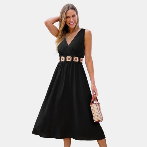 Женские платья Cupshe Women's V-Neck Sleeveless Maxi Dress with Boho Crochet Waist-XL-Black