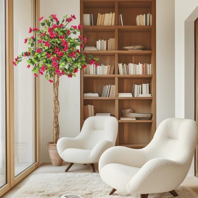 4/5/6FT Artificial Bougainvillea Tree, Tall Potted Fake Bougainvillea Trees, Faux Tree with Wood Trunk and Pink Flowers for Outdoor Indoor