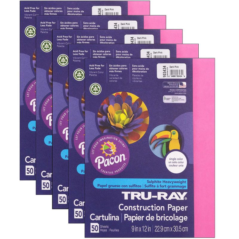 Tru-Ray® Construction Paper, Dark Pink, 9" x 12", 50 Sheets Per Pack, 5 Packs, 1 of 4