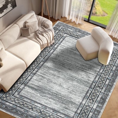 TackView Washable Runner Rug, Modern Bordered Rug Non Slip Bedroom Runner Carpet for Laundry Room Kitchen