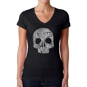 LA Pop Art Women's Word Art V-Neck T-Shirt - Flower Skull - 1 of 4