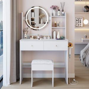 VYNXARIA 17" Round Mirror Vanity Table&Cushioned Stool,Big Mirror,Large Desktop, Multi-layer High Capacity Storage,White - 1 of 4