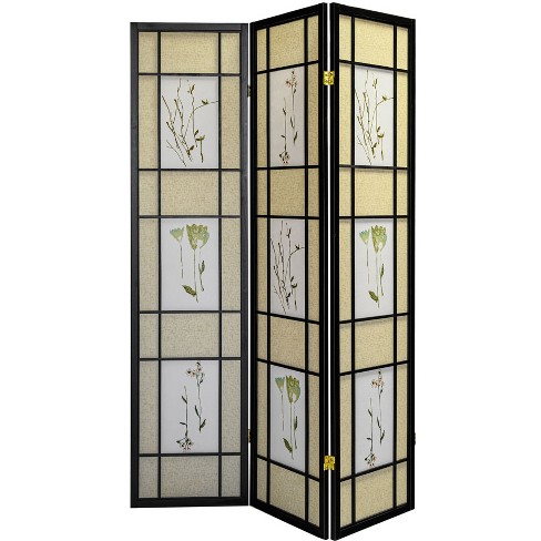 4 Panel Black Floral Accented Screen Room Divider With Wood Frame And Shoji  Paper : Target