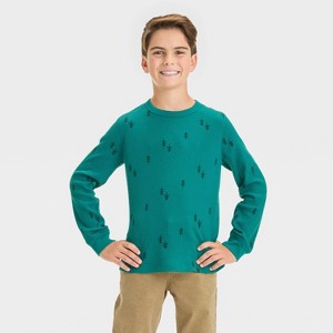 Boys' Long Sleeve Printed Thermal T-Shirt - Cat & Jack™ Dark Green - 1 of 3