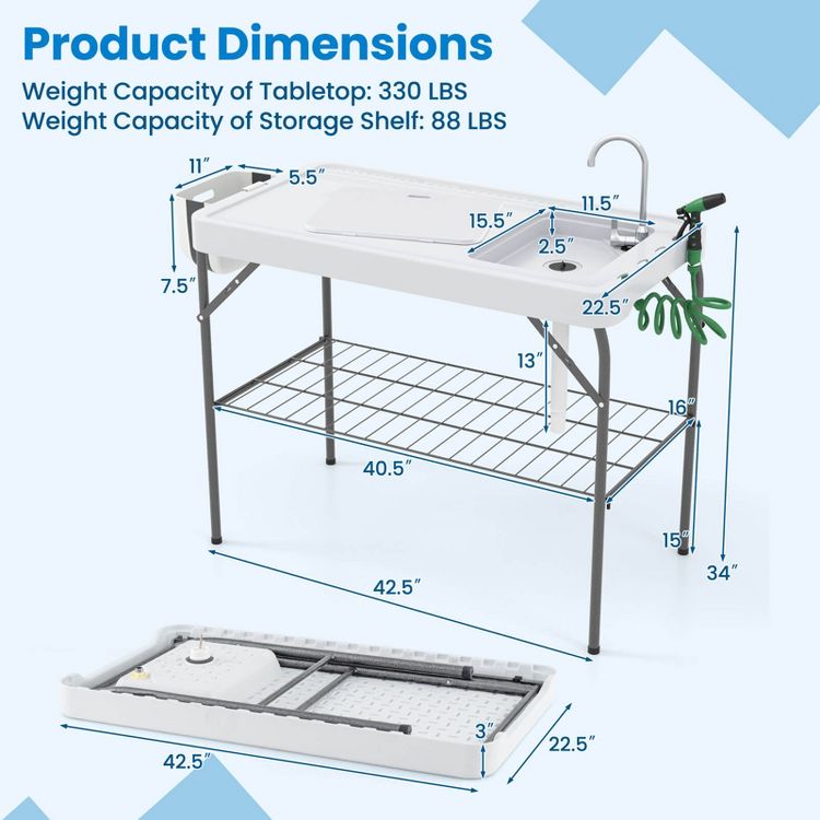 Costway Folding Fish Cleaning Table Portable Camping Table with  Faucet Hose Grid Rack, 3 of 10