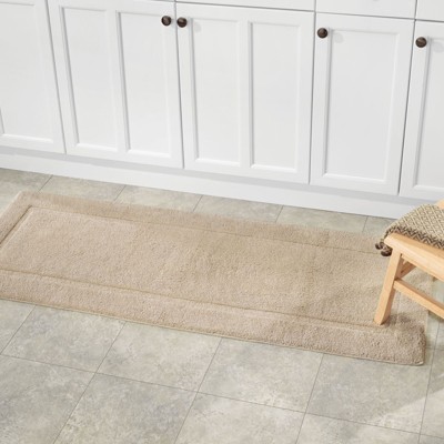 Beige Cotton Rectangular Bathroom Rug with Decorative Border
