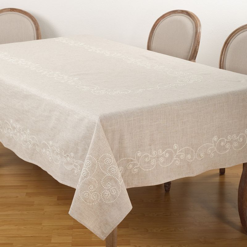 Saro Lifestyle Embroidered Swirl Natural Linen Blend Tablecloth, 2 of 7