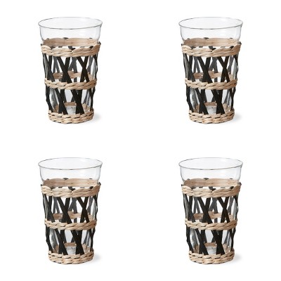 TAG Island Collection Clear Glass Short Tumbler Drinkware with Black and Natural Cattail Straw and Paper Weave Sleeve 14 oz. Set 4