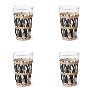 TAG Island Collection Clear Glass Short Tumbler Drinkware with Black and Natural Cattail Straw and Paper Weave Sleeve 14 oz. Set 4 - 1 of 2