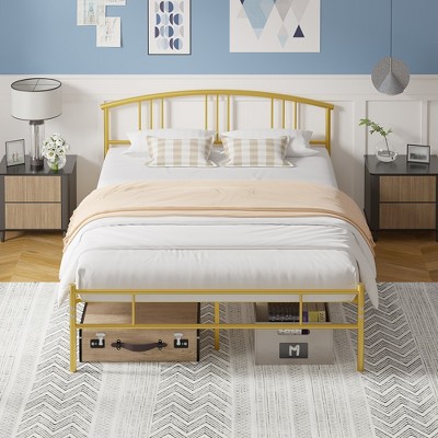 VECELO Queen/Full/Twin Bed Frame with Arched Headboard, Metal Platform Bed Frame with Underbed Storage Space, Black/White/Gold
