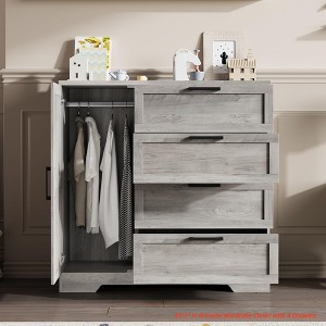 43.3'' H Armoire Wardrobe Closet with 4 Drawers and Hanging Rod, Multifunctional Wood 4 Drawers Dresser with Storage Closet, Clothing Storage Cabinets - 1 of 4
