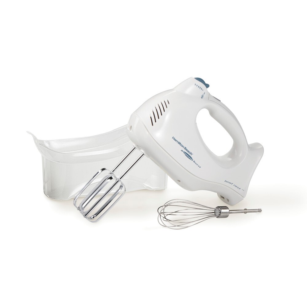 Hamilton Beach 6 Speed Hand Mixer with Snap-On Case 3 Attachments Quickburst White 62695V