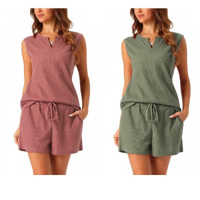 cheibear Women's Waffle Knit Sleeveless Matching Tank Top and Shorts Pajama Sets 2 Pcs