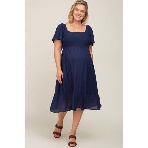 Pinkblush Navy Blue Smocked Square Neck Flutter Short Sleeve Maternity Plus Midi Dress - 1 of 4