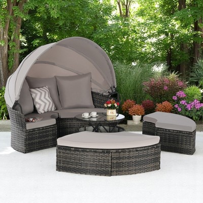 5-Piece Patio Wicker Daybed Set with Retractable Canopy, Storable Side Table, and Washable Cushions – Outdoor Furniture Set