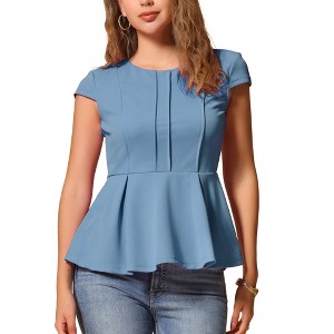 INSPIRE CHIC Women's Elegant Round Neck Cap Sleeve Solid Color Peplum Blouses - 1 of 4