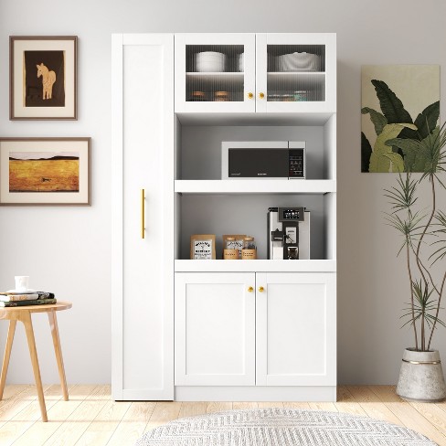 43"W Multifunctional Kitchen Pantry Storage Cabinet Pantry Organizer with Pull-out Multi-tier Storage Shelf and 4 Doors, White-ModernLuxe - image 1 of 4