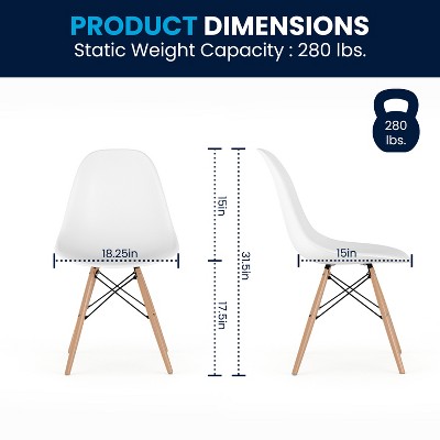 White Plastic Side Chair with Wooden Legs and Metal Bracing