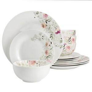 Gibson Home Lily Garden Ceramic 12 Piece Dinnerware Set in White and Pink - 1 of 4