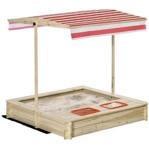 Outsunny Kids Wooden Sandbox, Covered Children Sand Playset Outdoor, w/ Adjustable Canopy Shade, Bottom Liner, Seat, Aged 3-8 Years Old, Natural - 1 of 4