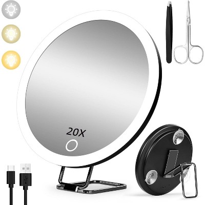 Magnifying Mirror with Light, 6" Rechargeable LED with Suction Cup & Stand, 3 Color Dimmable Modes for Travel Makeup and Skincare