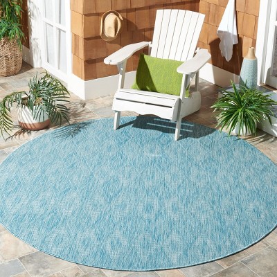 Aqua Blue Round Geometric Synthetic Outdoor Area Rug