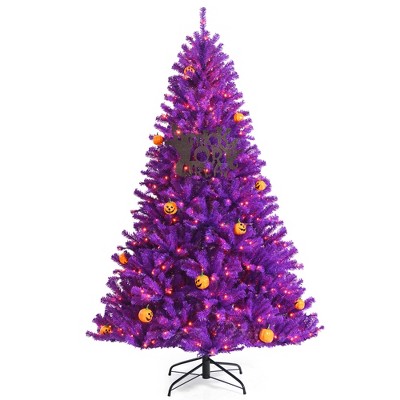 6ft Pre-lit Purple Halloween Christmas Tree w/ Orange Lights Pumpkin Decorations