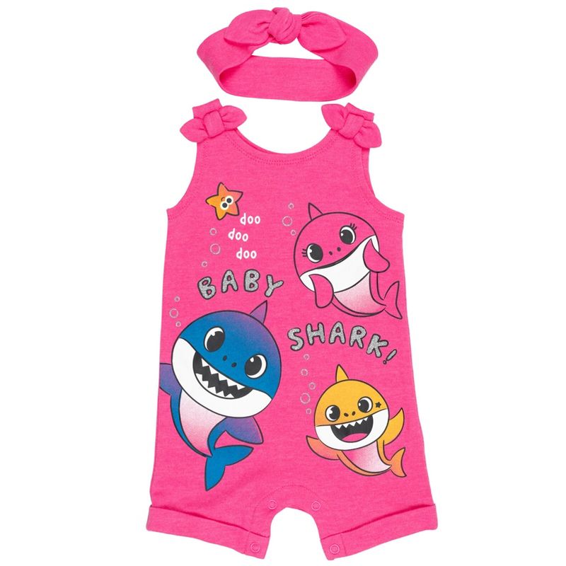 Pinkfong Baby Shark Baby Girls Snap Romper and Headband Newborn to Infant, 1 of 8