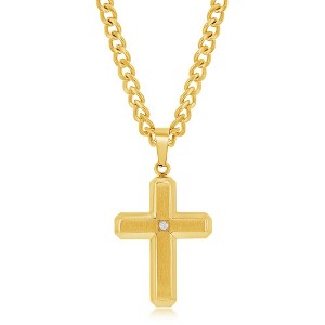 Metallo Stainless Steel Brushed & Polished w/ Single CZ Cross Necklace - Gold Plated - Gold - 24 Inch - 1 of 3