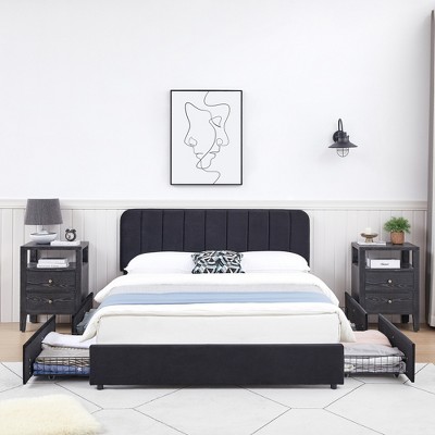VECELO Upholstered Bed Frame with 1/4 Drawers and Adjustable Headboard, Twin/Full/Queen/King Platform Bed