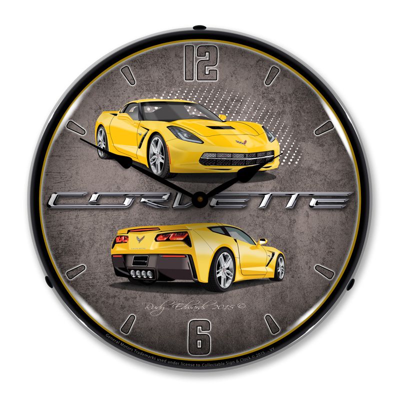 Collectable Sign & Clock | C7 Corvette Velocity Yellow LED Wall Clock Retro/Vintage, Lighted, 1 of 6