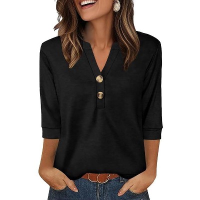 Women 3/4 Sleeve Shirts Notch V Neck Tops Casual Dressy Blouses Beach Vacation Tunic Tops