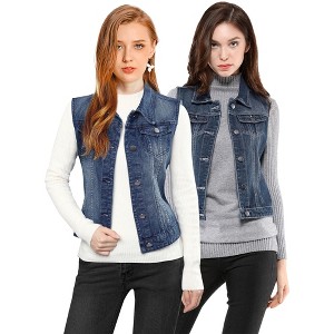 INSPIRE CHIC Women's Buttoned Washed Denim Vest with Faux Chest Flap Pockets 2 Packs - 1 of 4