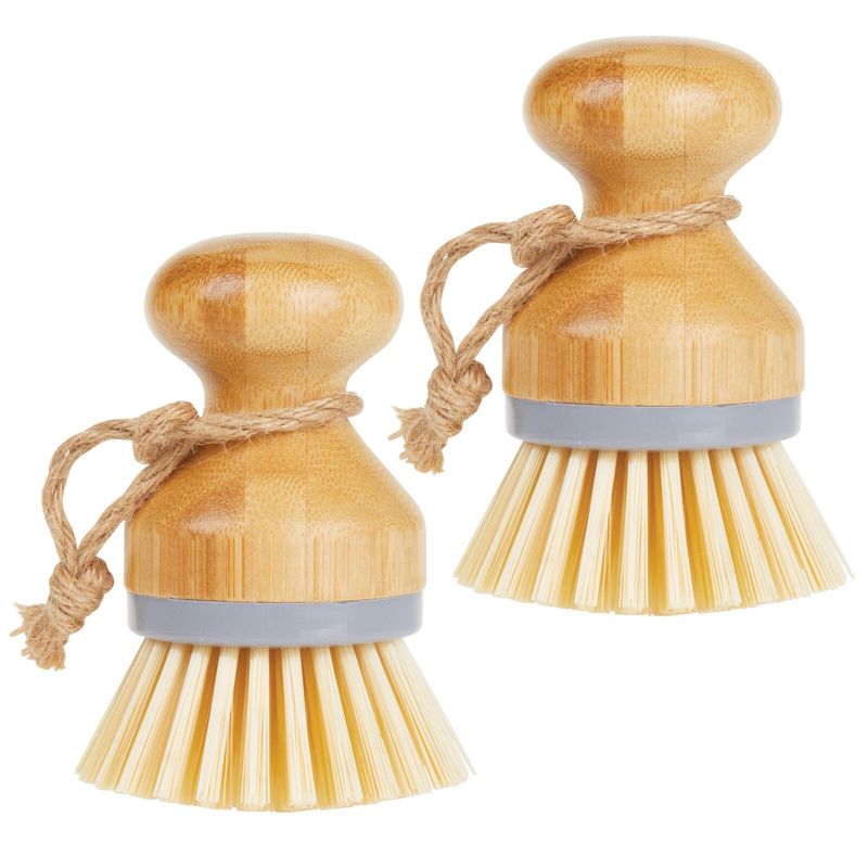 mDesign Bamboo Non-Scratch Dish Scrubber Cleaning Brush, 2 Pack, 1 of 9