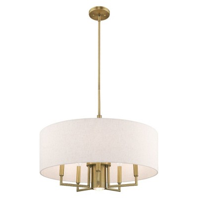 Antique Brass 6-Light Pendant Chandelier with Oatmeal Shade