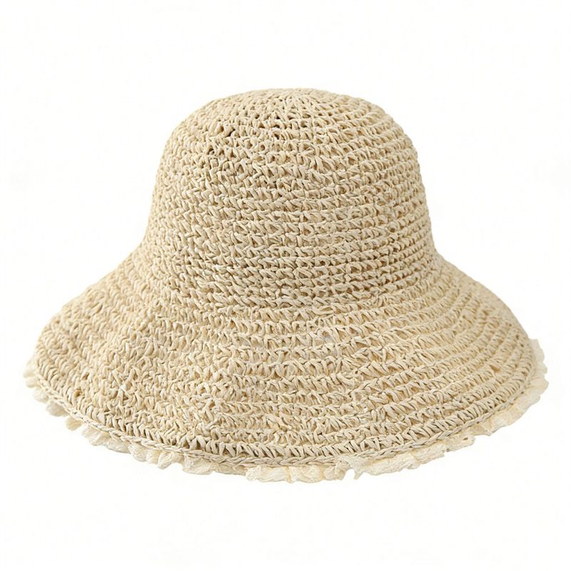 Anna-Kaci Women Straw Bucket Hat Wide Brim Lightweight Sun Hat with Lace Trim Detail, Beige