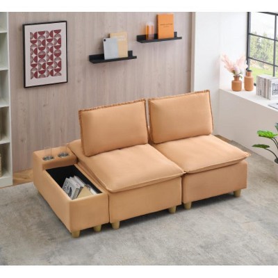 Vynxaria 74-Inch Pumpkin Flannel Sofa - Stylish Double-Seater with Storage & Cup Holders