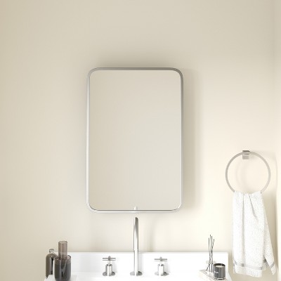 Emma and Oliver Metal Framed Bathroom Medicine Cabinet with Reversible, Recessed Design and Beveled Rounded Mirror