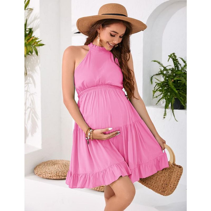 Maternity Dress Halter Neck Summer Casual Sleeveless Smocked Waist Mini Dress Baby Shower Photoshoot, 4 of 8
