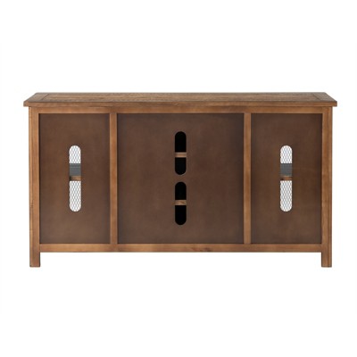 Rustic Pine and Black Metal Mesh 65" TV Stand with Cabinet