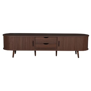 Gulches Dark Brown TV Stand Entertainment Center Fits TVs up to 80 in with Tambour Doors 2 Drawers Power Outlet USB Ports Solid Wood Legs - 1 of 4