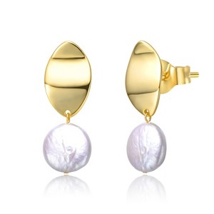 Guili Sterling Silver 14K Yellow Gold Plated Earrings with White Coin Freshwater Pearl, Featuring Dangle Drop Marquise Medallion Design - 1 of 2