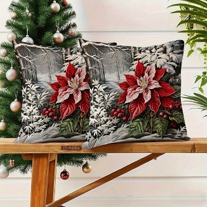 Lomsoe 2pcs Festive Christmas Pillow Covers - Red Poinsettia & Snowy Forest Design, Zippered, Ideal for Sofa & Bed Decor, Holiday Home Accents - 1 of 4