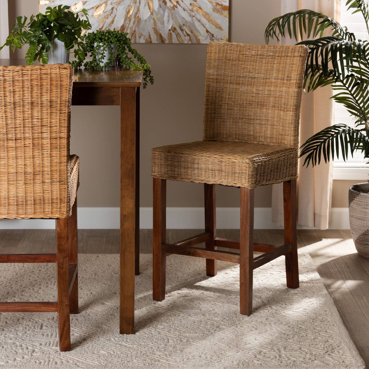 Racquel Natural Rattan and Mahogany Wood Counter Height Barstool Walnut Brown - bali & pari - thumbnail 3